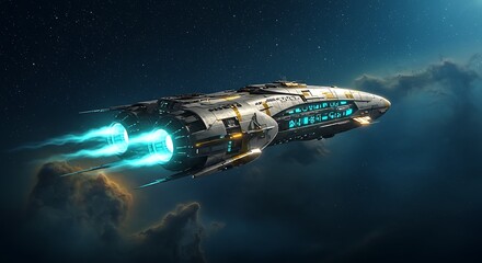 Fototapeta premium A futuristic, long, sleek spaceship is depicted in flight against a backdrop of nebulae and stars.