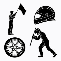 Collection of black silhouette icons representing elements of motorsports including a race official with a flag a racing helmet a racing tire and a driver in a suit