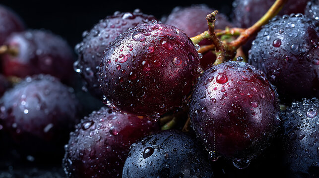 high-resolution close-up of dark purple grapes covered in fresh water droplets, moody dark background