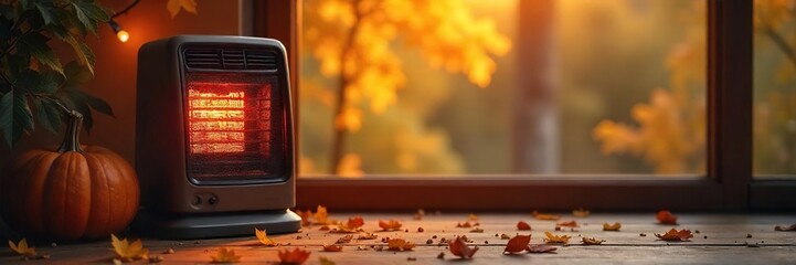 Cozy autumn scene featuring a warm, inviting space heater radiating gentle heat against a backdrop of fall foliage Perfect for seasonal comfort and energy efficiency themes , yellow, fall colors