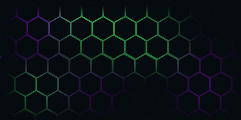 Dark hexagonal technology abstract vector background with purple and green colored bright flashes under hexagon. Hexagonal gaming vector.