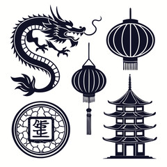 A collection of traditional chinese cultural symbols including a dragon pagodas lanterns and a coin with chinese characters presented as black silhouettes on a white background