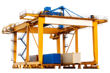 Yellow gantry crane lifting shipping containers isolated on a transparent background