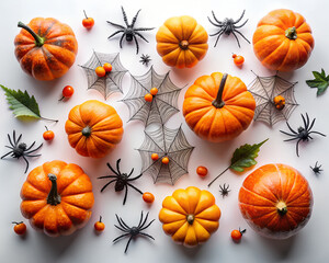 Festive halloween arrangement of miniature pumpkins spiders and autumn leaves overhead