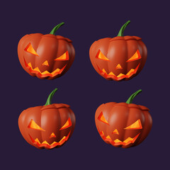 Set of Scary Halloween Jack O'Lantern Pumpkins with Glowing Faces on Dark Background