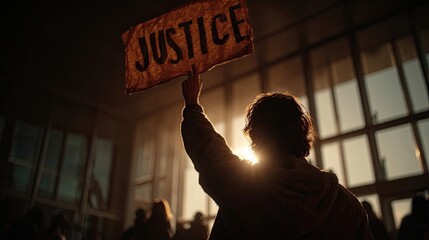 Protester silhouette holding justice sign in courthouse shadow evokes civic rights activism legal expression equity inclusion fairness democratic voice law reform accountability protest