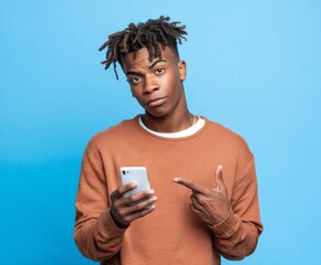 A young man with dreadlocks holds a smartphone and points, showcasing a curious expression against a vibrant blue backdrop.