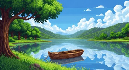 Tranquil Lake with Wooden Boat Under a Blue Sky