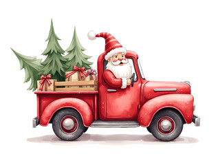 Jolly Santa Claus driving a red retro pickup truck with Christmas trees and wrapped gift boxes in the back