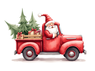 Jolly Santa Claus driving a red retro pickup truck with Christmas trees and wrapped gift boxes in the back