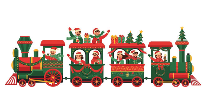 A festive Christmas train journey, filled with joyful families and presents.