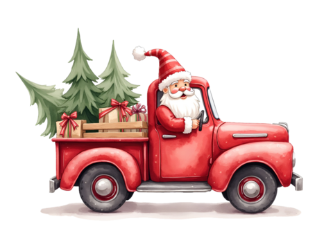 Jolly Santa Claus driving a red retro pickup truck with Christmas trees and wrapped gift boxes in the back