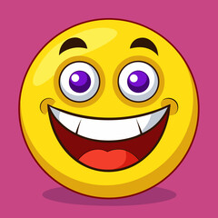 Joyful yellow smiley face with big grin and purple eyes