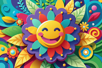 Joyful sun flower character surrounded by colorful abstract nature elements