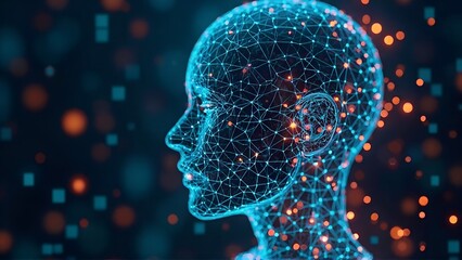 Glowing Blue Wireframe AI Head, Digital Neural Network