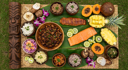 Fototapeta premium Flat lay of Hawaiian luau feast featuring kalua pork on banana leaves, poi in wooden bowl, lomi lomi salmon, taro root, and tropical fruits like pineapple and papaya. Props include coconut shell bowls