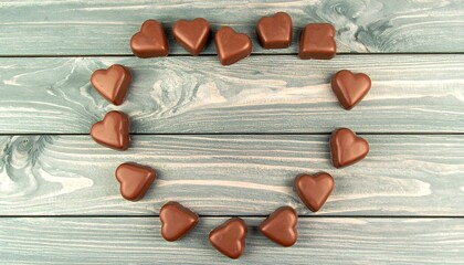 Heart-shaped chocolates arranged in a circle on wooden planks