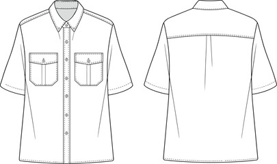 Men&rsquo;s short sleeve shirt front and back flat sketch with chest pockets, button-up design, detailed vector fashion CAD template