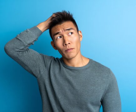 A thoughtful man with his hand on his head poses against a vivid blue backdrop, conveying a contemplative or puzzled expression.