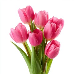 Obraz premium A close-up shot of a beautiful bouquet of vibrant pink tulips with lush green leaves