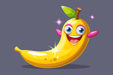 Happy cartoon banana character with big blue eyes and pink arms