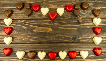 Heart-shaped chocolates on a wooden background