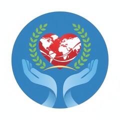 Naklejka premium A symbol of global care featuring a red heart-shaped world map embraced by hands and adorned with laurels.