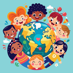 Diverse children of the world unite around our planet