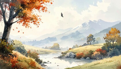 Serene autumn landscape with mountains and river nature scene peaceful environment aerial view tranquility and beauty