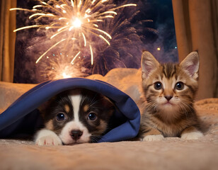 cat and dog, Frightened dog and cat hiding under blankets as fireworks explode behind them