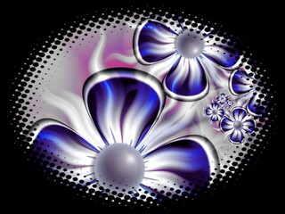 Fractal image in an oval frame with flowers on a dark background..Template with place for inserting your text.Multicolor flowers.