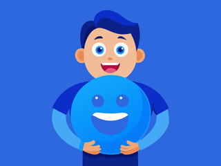 Joyful boy holding a smiling blue emoji ball