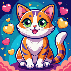 Adorable orange tabby cat with big green eyes and hearts
