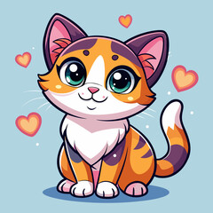 Adorable cartoon calico cat with big green eyes and hearts