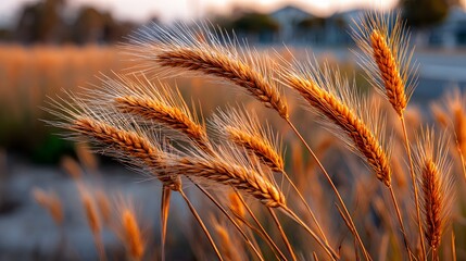 Golden Wheat Field Bathed in Warm Sunset Light with Dewdrops on Grains in Rural Landscape