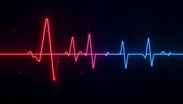 Neon Heartbeat Waveform: Red and Blue Digital Pulse on Dark Tech Background