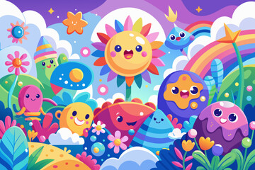 Whimsical cartoon characters and rainbow in a vibrant fantasy landscape