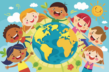 Diverse children holding hands around the planet earth