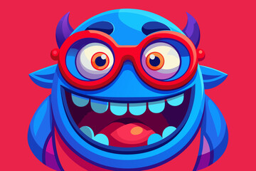 Joyful blue monster with big red glasses and wide smile