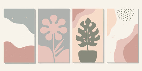 Set of four abstract minimalist vertical posters with organic shapes and botanical illustrations in pastel colors
