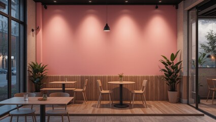Modern Minimalist Restaurant Interior with Pink Walls and Wooden Furniture in Urban Setting