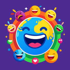 Happy earth surrounded by joyful faces and rainbow colors
