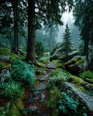 Fototapeta premium Foggy fantasy forest landscape with eerie ambiance