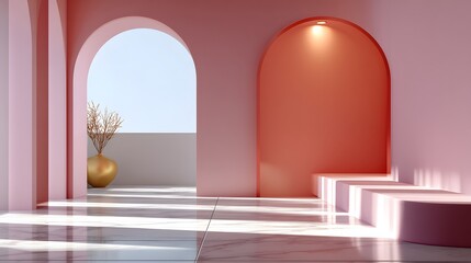 Minimalist Interior Design with Pink and White Arches and Soft Lighting in a Spacious Room
