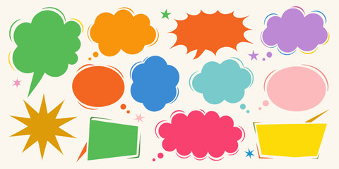 Collection of colorful cartoon speech bubbles and comic book elements on a light background