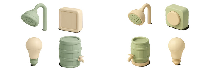 Obraz premium 3D isometric icon set of utility and resource conservation symbols including a shower, light bulb, and water barrel for ecology concepts