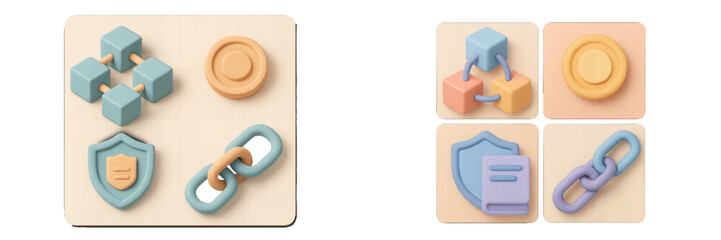 3D icon set for blockchain technology with security shield, network blocks, target symbol, and chain link elements