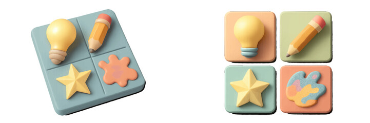 Creative 3D icon set in a soft pastel clay style featuring a lightbulb for ideas, a pencil for writing, a star for achievement, and a paint palette for art