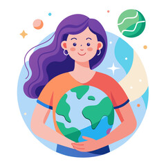 Woman holding planet earth with celestial background