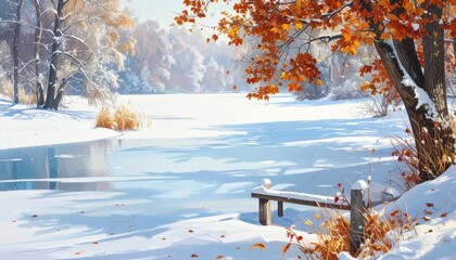 Winter serenity a frozen lake surrounded by colorful autumn leaves nature scenery tranquil wilderness scenic viewpoint seasonal beauty